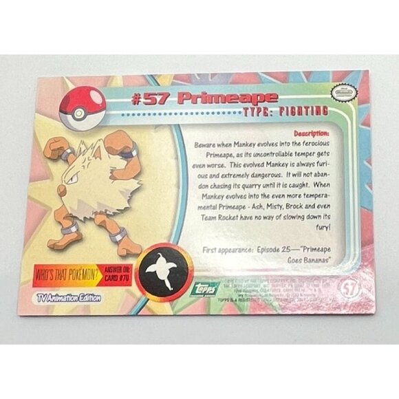 Primeape Pokemon Card Topps #57 TV Animation Edition Series Green Logo - Picture 2 of 5